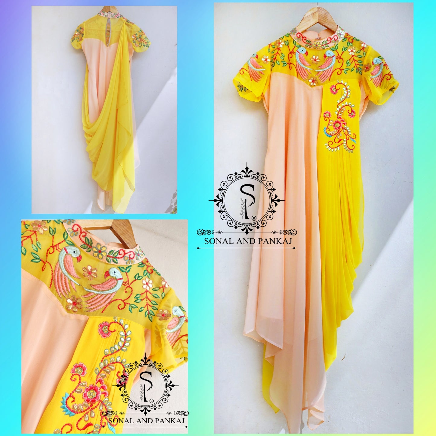Yellow & Peach Gotta Patti Hand Embroidered Drape Kurti - RW01463