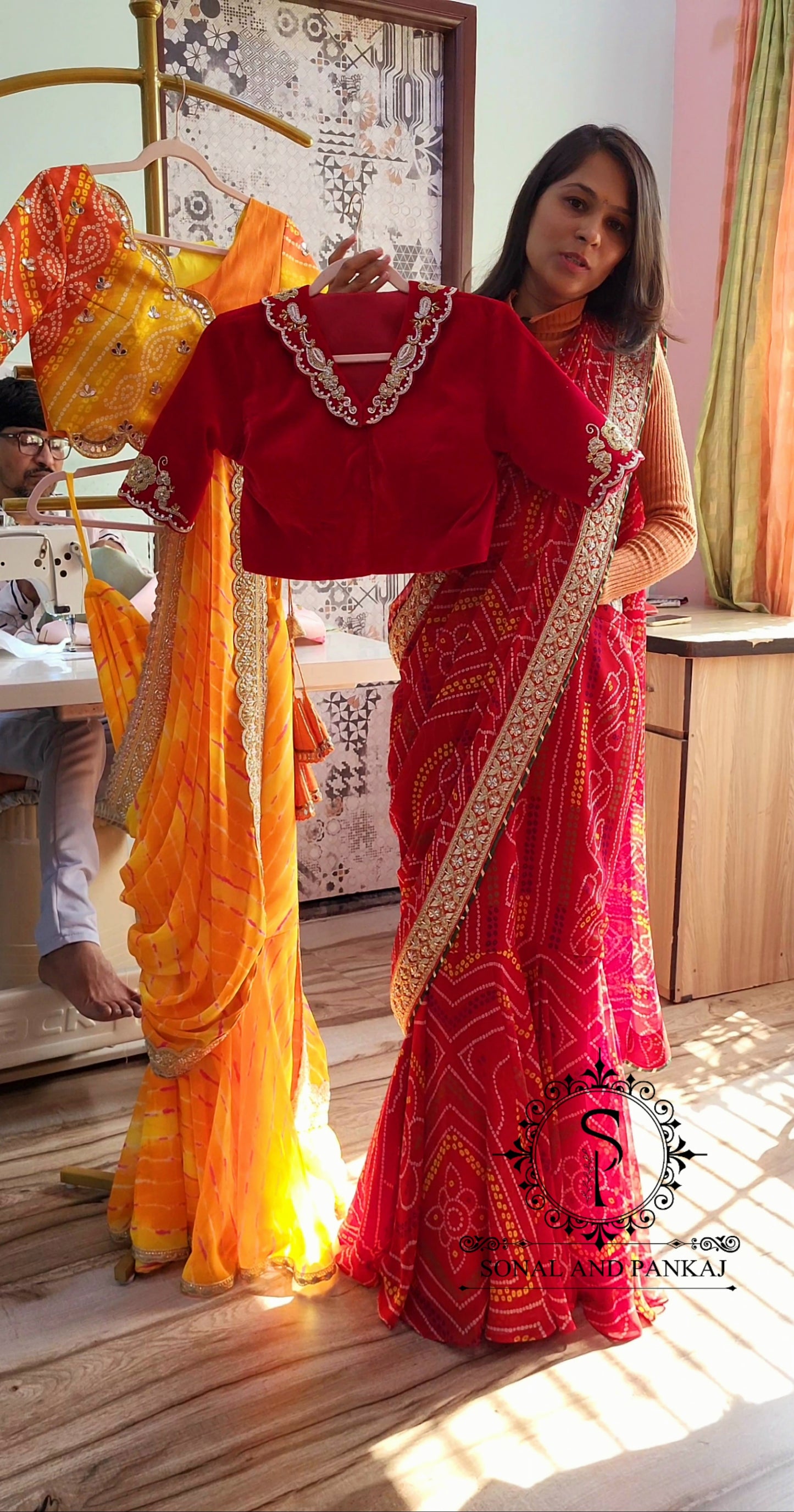 Ready To Wear Red Bandhani Print Saree With Hand Embroidered Blouse - SA01458