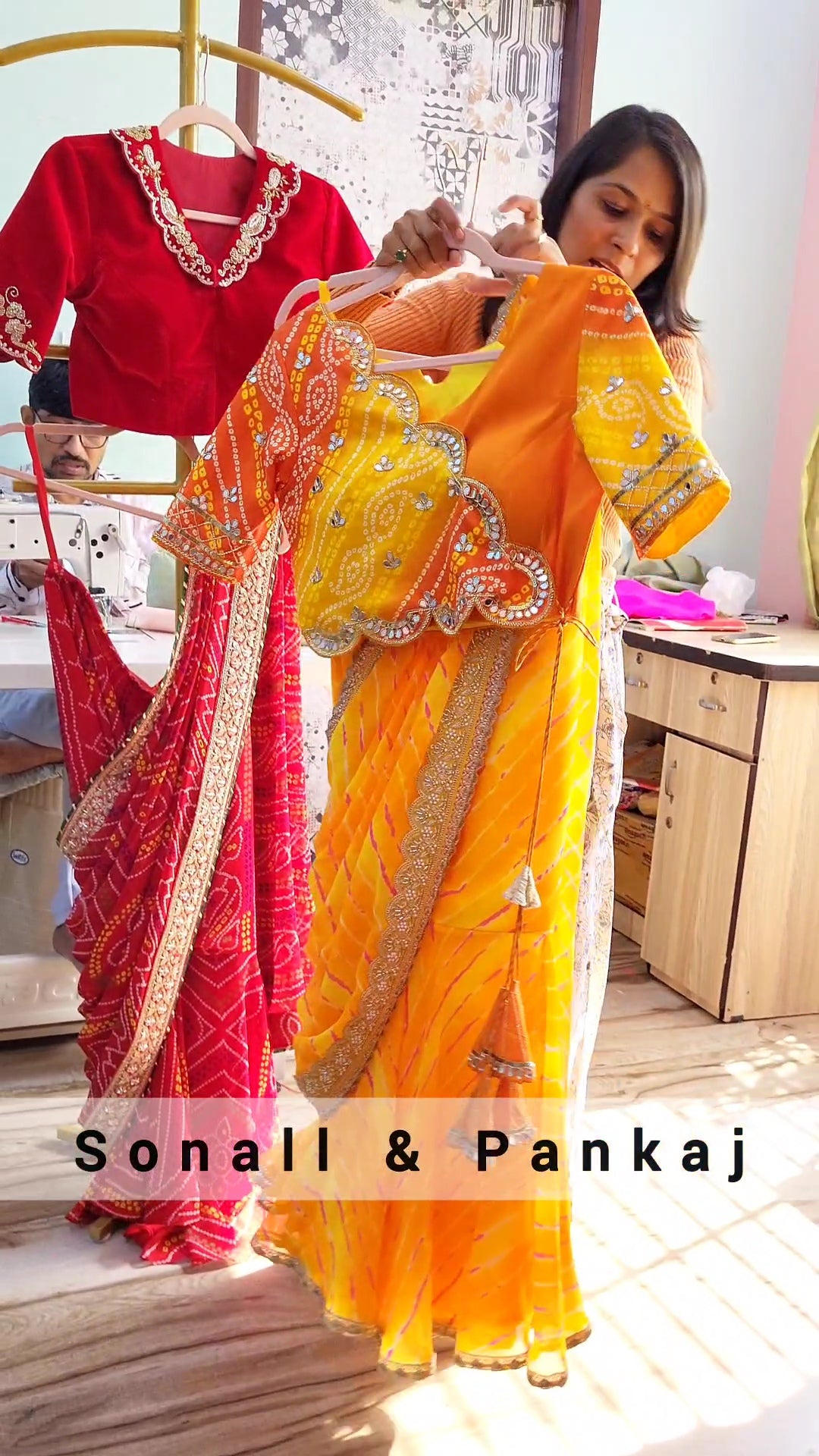 Ready To Wear Yellow Leheriya Saree With Bandhani Hand Embroidered Blouse - SA01459