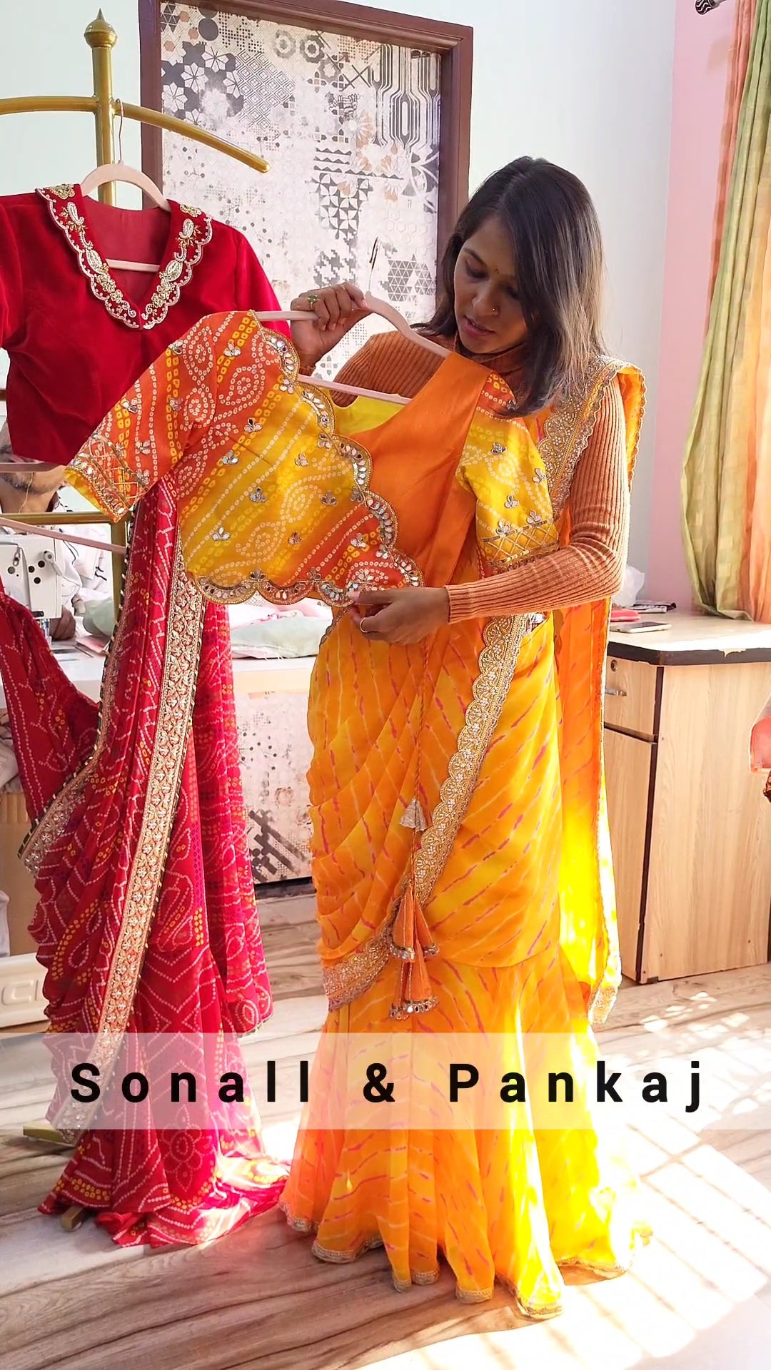 Ready To Wear Yellow Leheriya Saree With Bandhani Hand Embroidered Blouse - SA01459