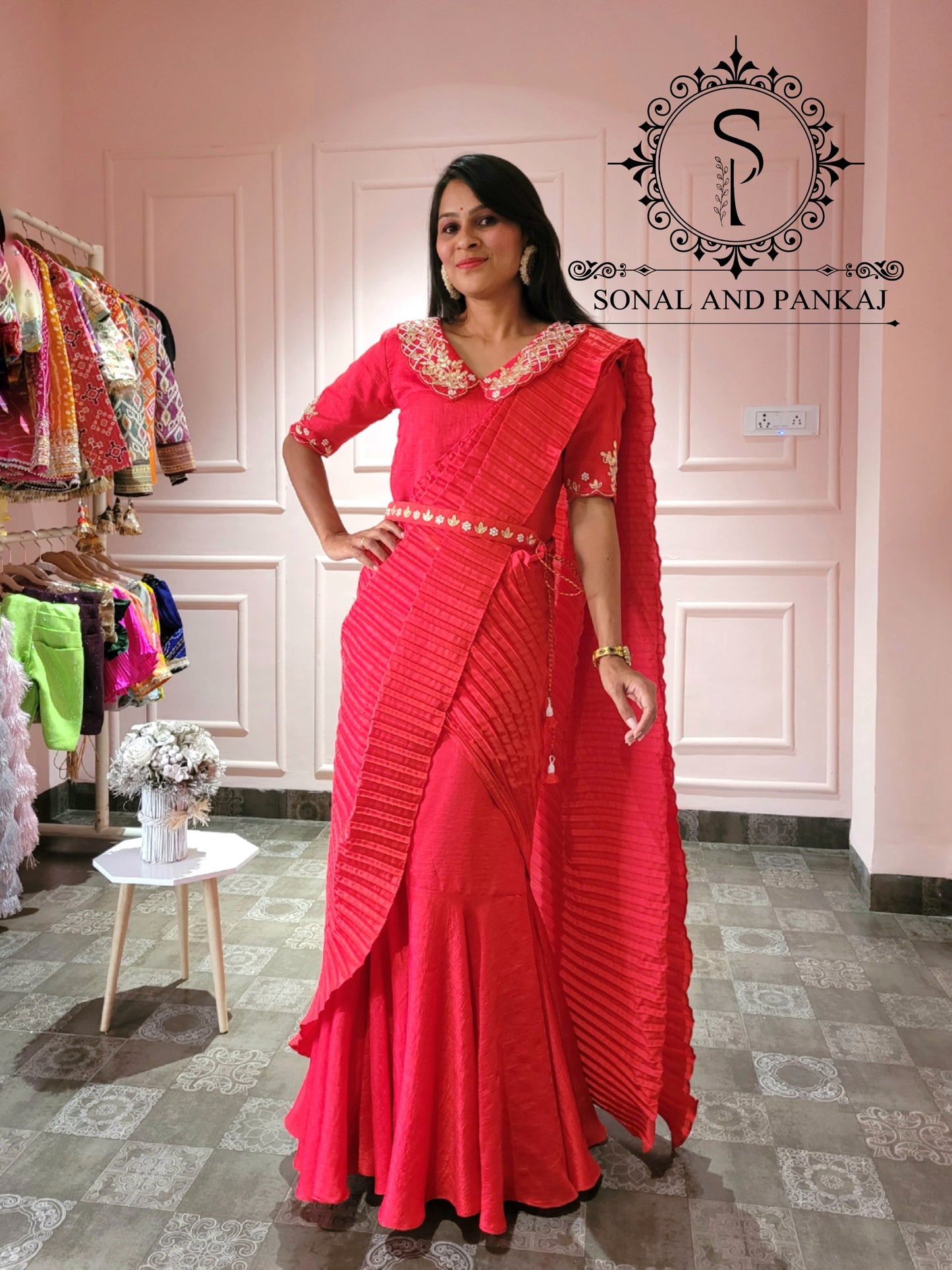Red Ready To Wear Crushed Pallu Gown Saree - SA00977