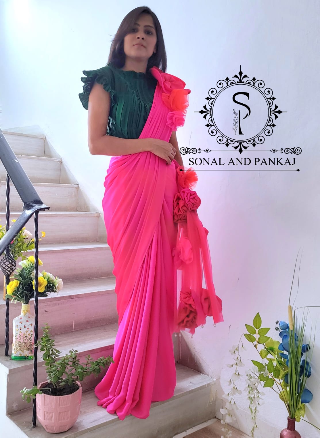 Bottle Green Pleated Blouse With Hot Pink Ready To Drape Saree - SA00651