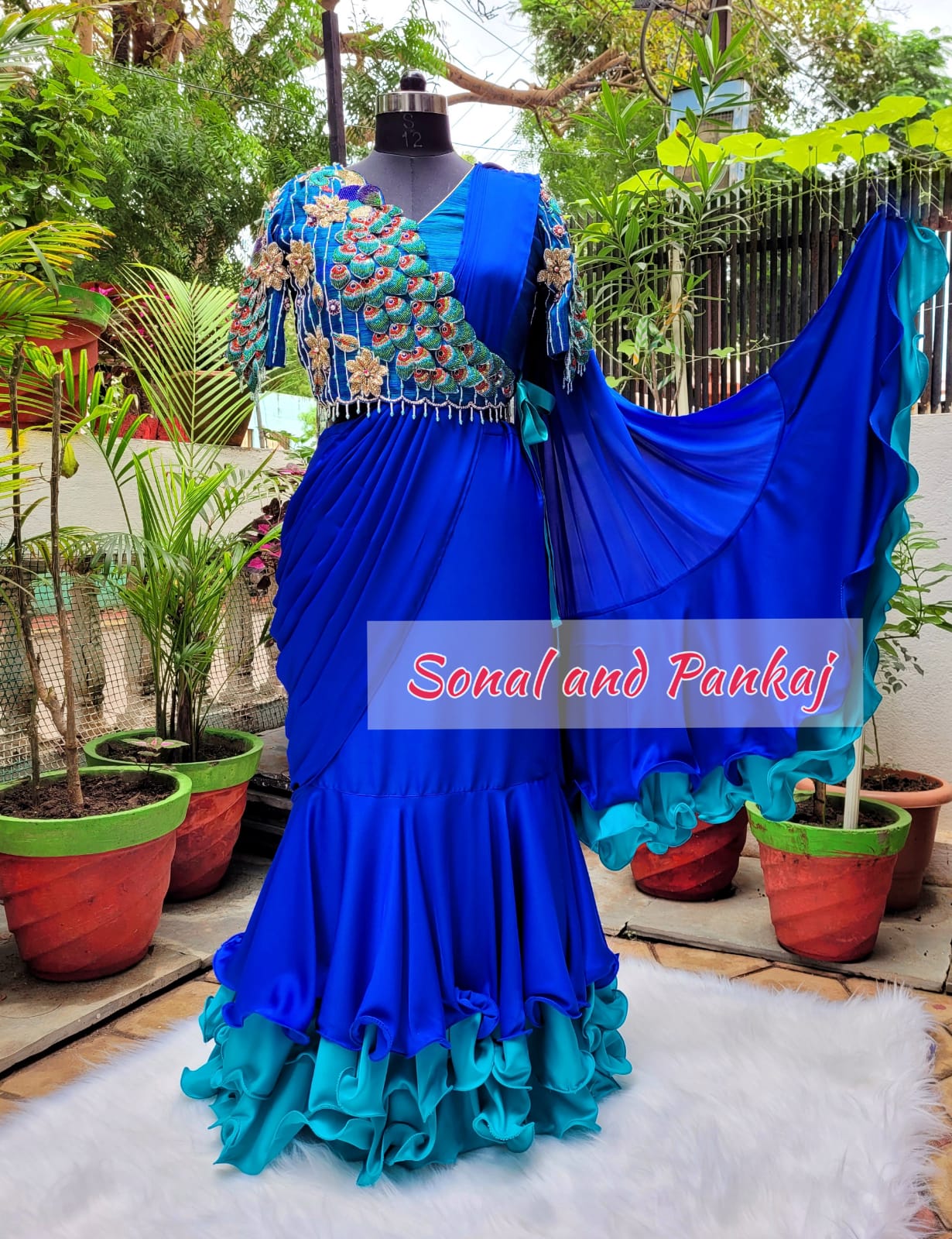 3d Peacock Embroidery Jacket Style Blouse With Ready To Wear Ruffle Saree - SA00727