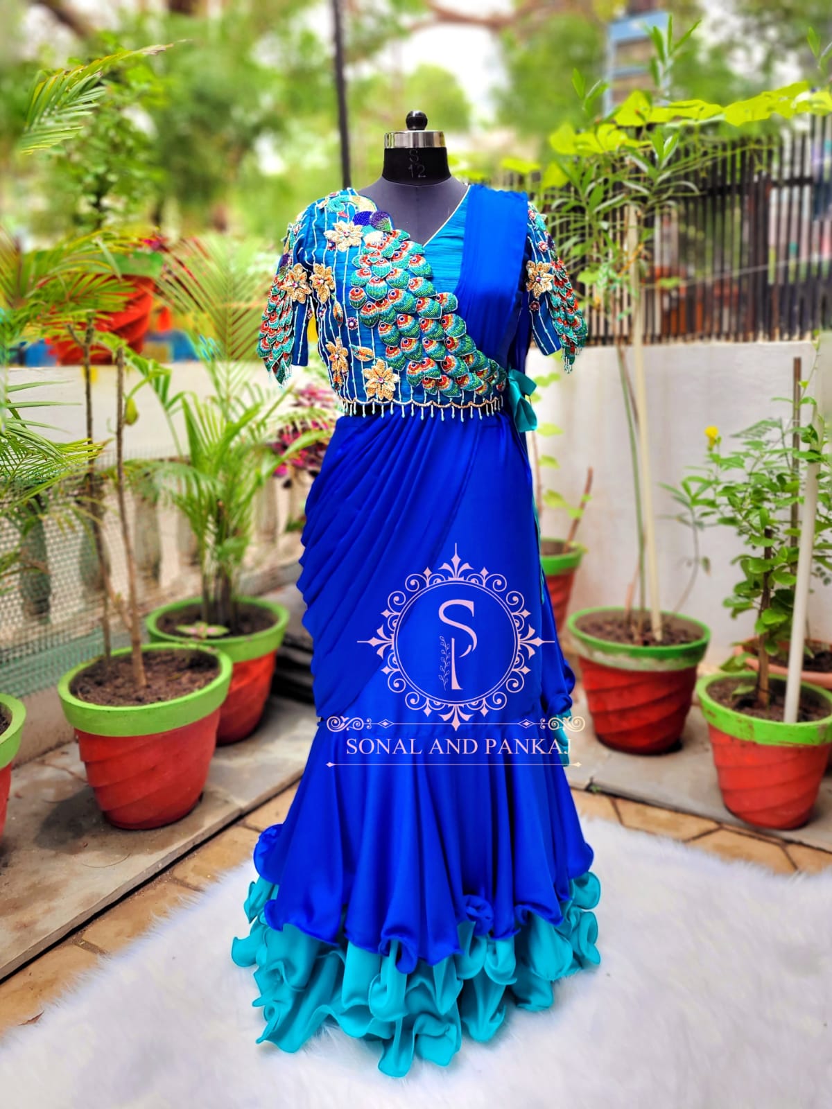 3d Peacock Embroidery Jacket Style Blouse With Ready To Wear Ruffle Saree - SA00727