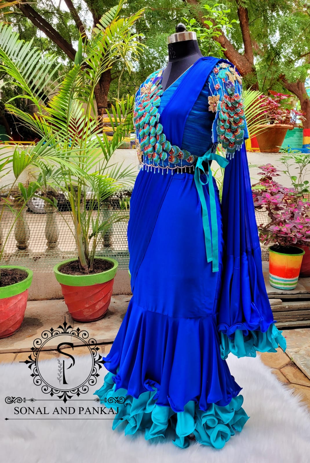 3d Peacock Embroidery Jacket Style Blouse With Ready To Wear Ruffle Saree - SA00727