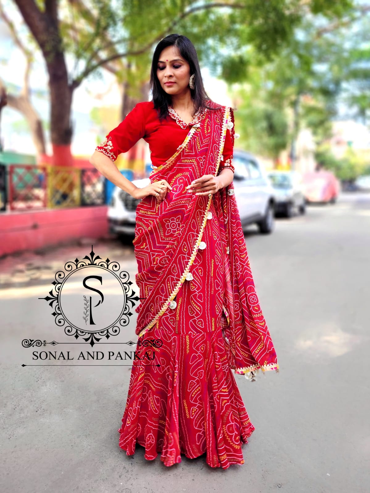 Ready To Wear Red Bandhani Print Saree With Hand Embroidered