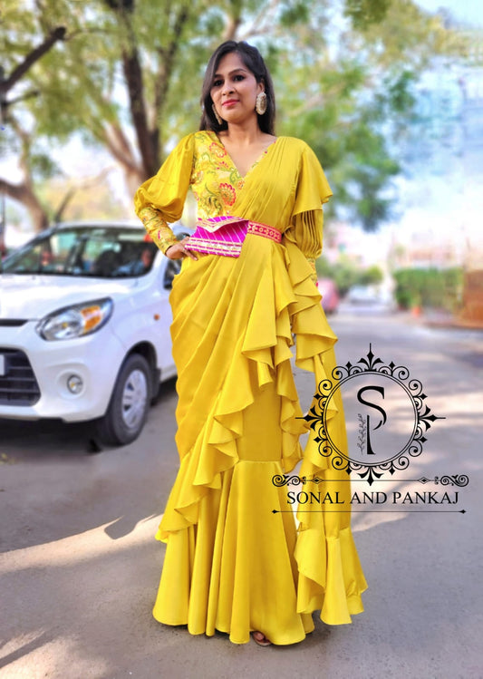 Yellow Ready To Wear Drape Gown Saree - GN00811