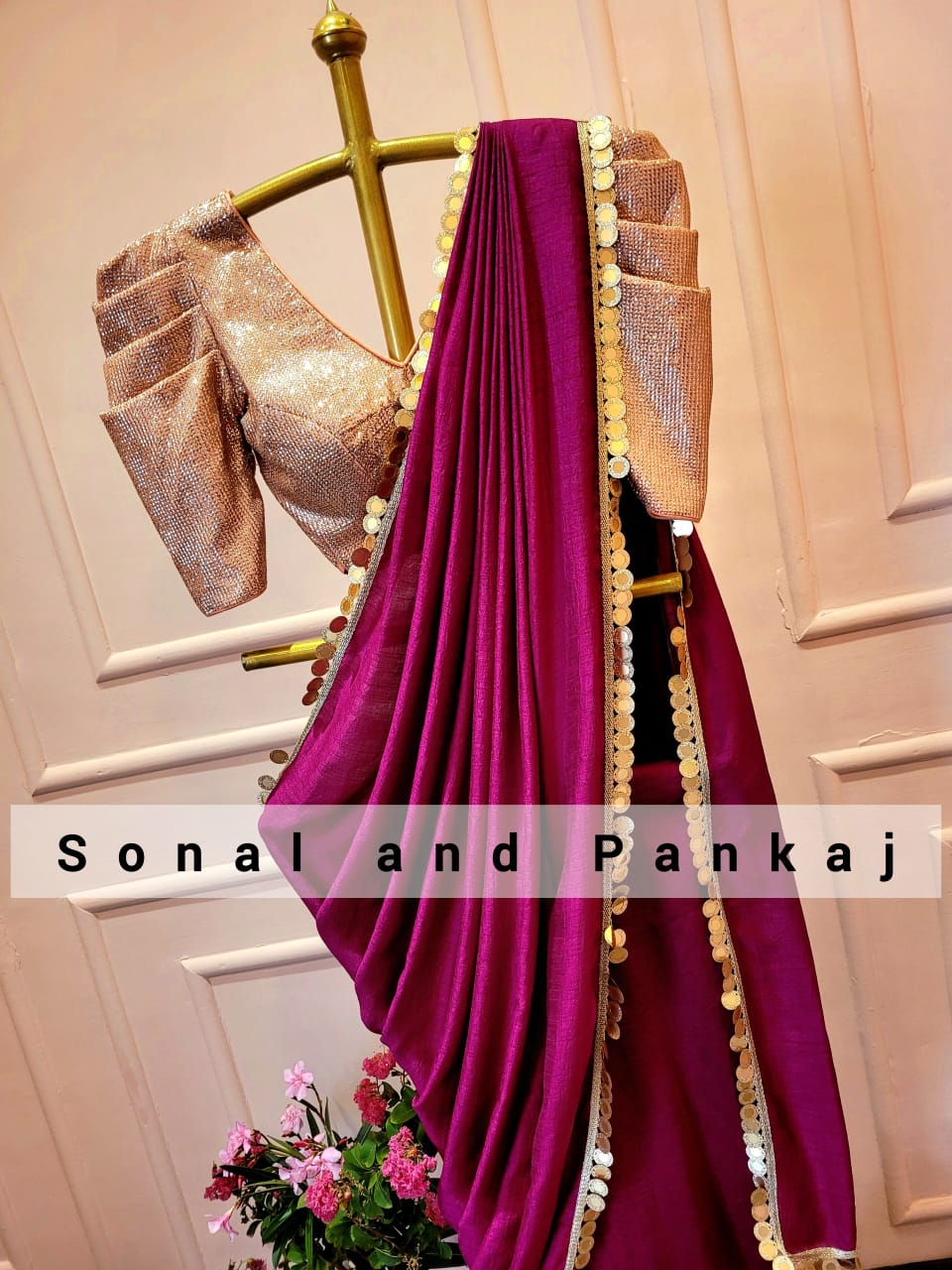Gold Sequins Blouse With Wine Ready To Drape Saree- SA00886