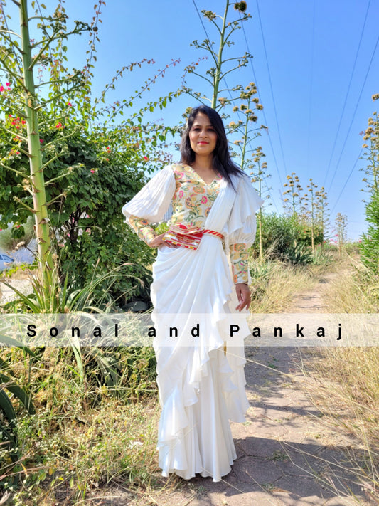 White Ready To Wear Drape Gown Saree - GN00973