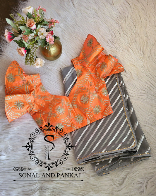 Bell Sleeved Orange Gotta Embroidered Blouse With Grey Leheriya Saree - SA01385