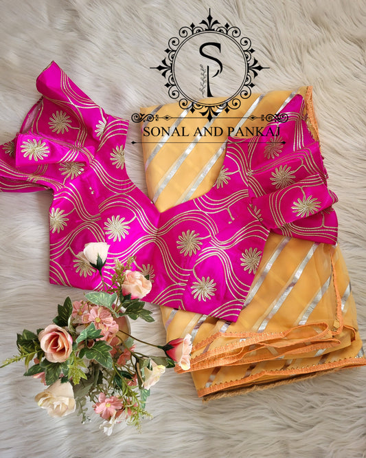Bell Sleeved Pink Gotta Embroidered Blouse With Yellow Leheriya Saree - SA01386
