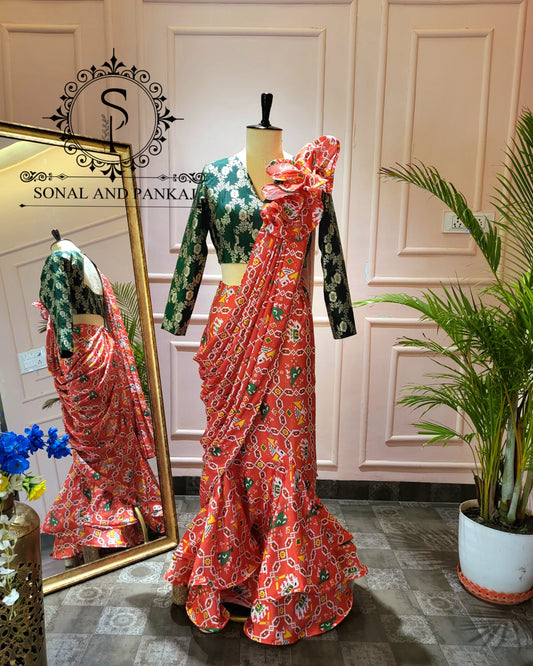 Designer Green Blouse With Red Patola Print Ready To Drape Saree - SAMPLE01388
