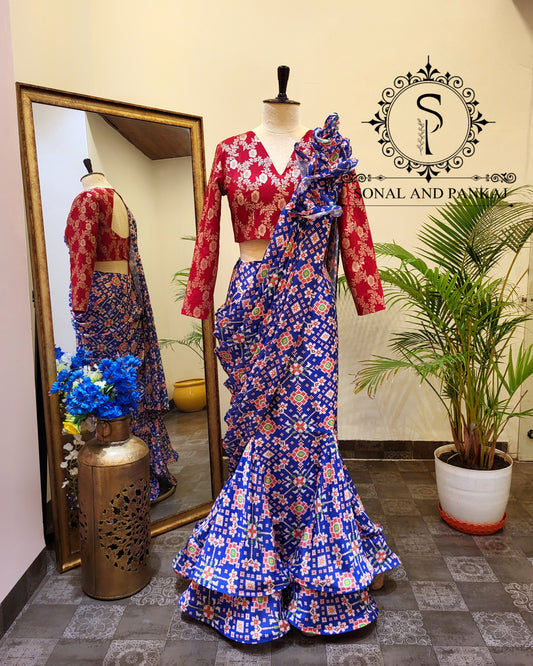 Designer Red Blouse With Blue Patola Print Ready To Drape Saree - SAMPLE01389