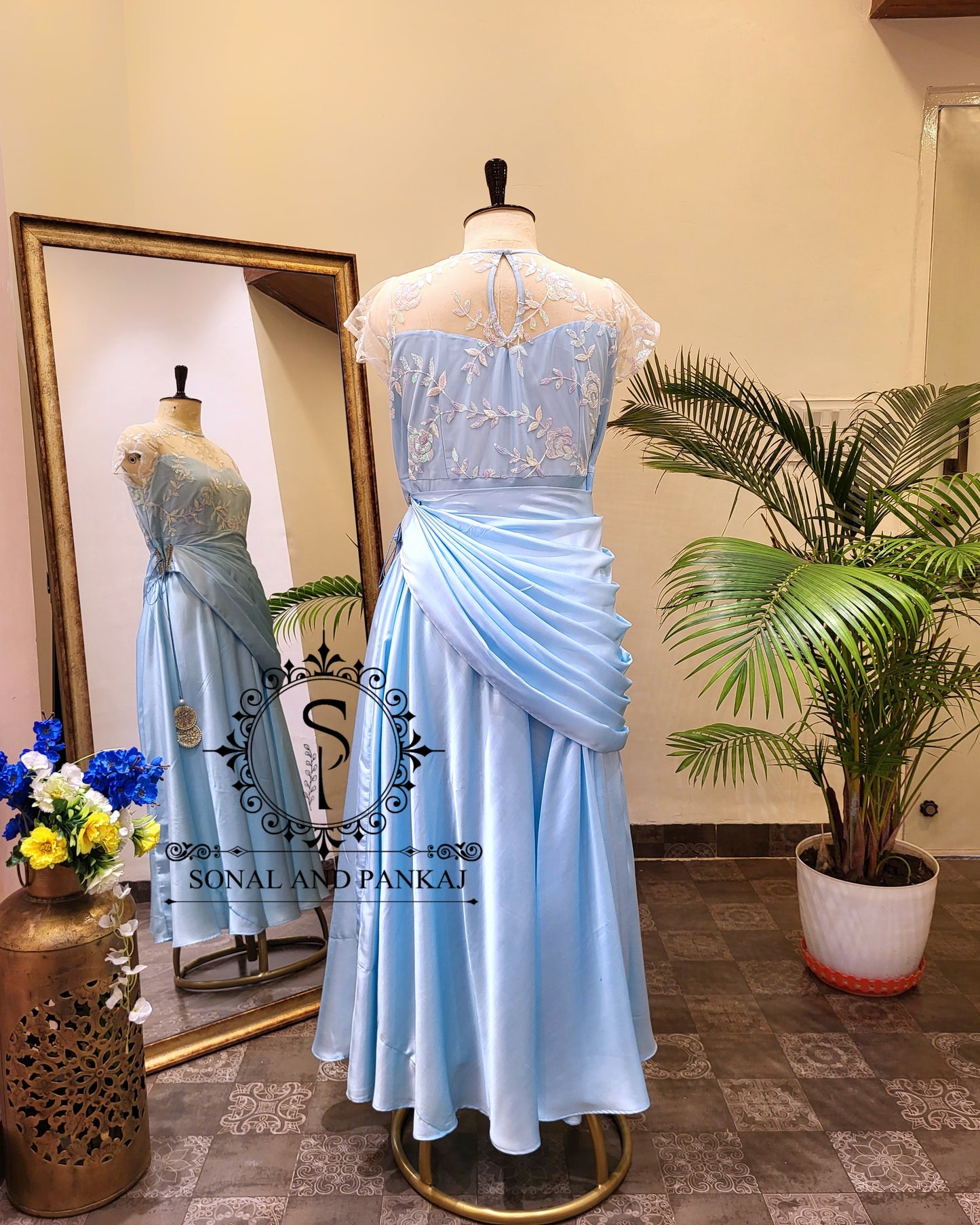 Ice Blue Floor Length Dress With Detachable Cowl Drape - FL01393