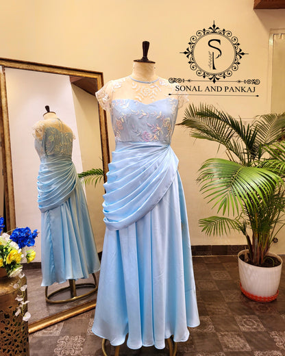 Ice Blue Floor Length Dress With Detachable Cowl Drape - FL01393