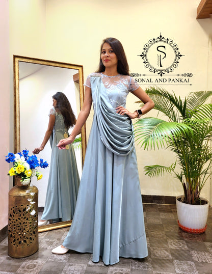 Grey Floor Length Dress With Detachable Cowl Drape - FL01395