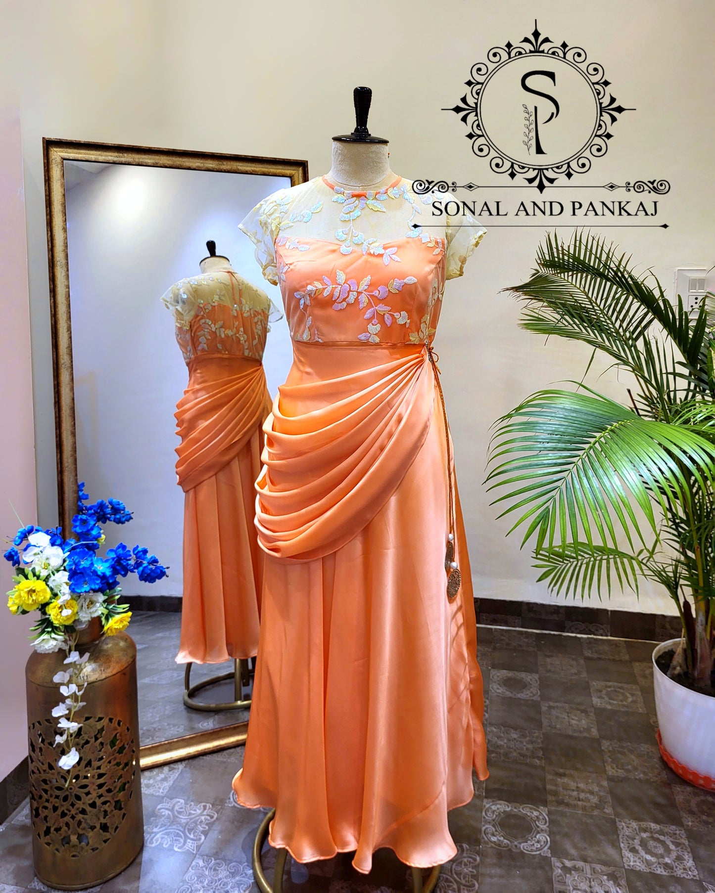 Peach Floor Length Dress With Detachable Cowl Drape - FL01392