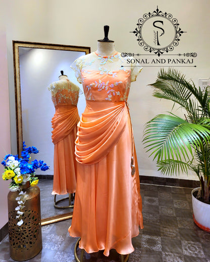 Peach Floor Length Dress With Detachable Cowl Drape - FL01392