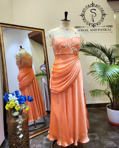 Peach Floor Length Dress With Detachable Cowl Drape - FL01392