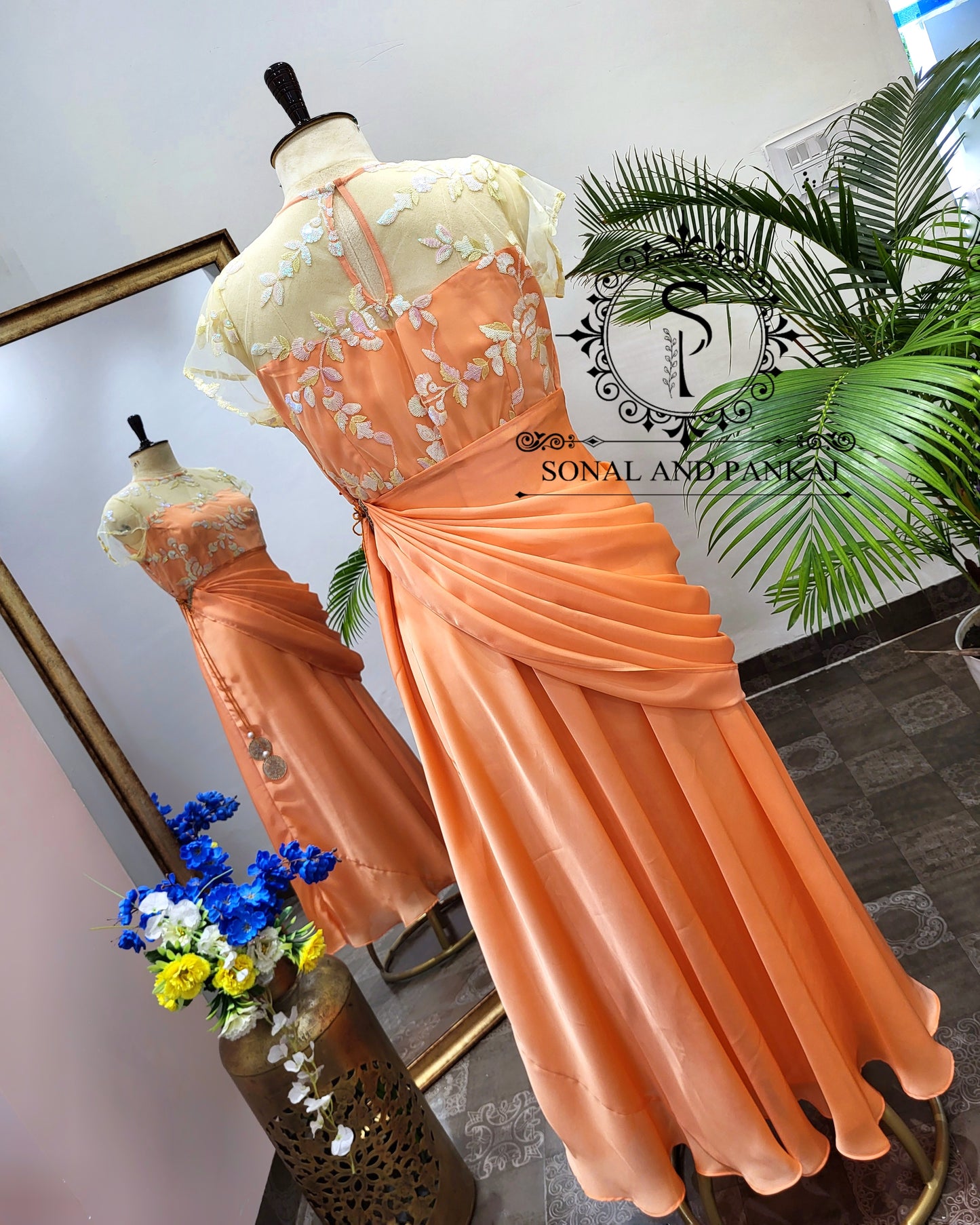 Peach Floor Length Dress With Detachable Cowl Drape - FL01392