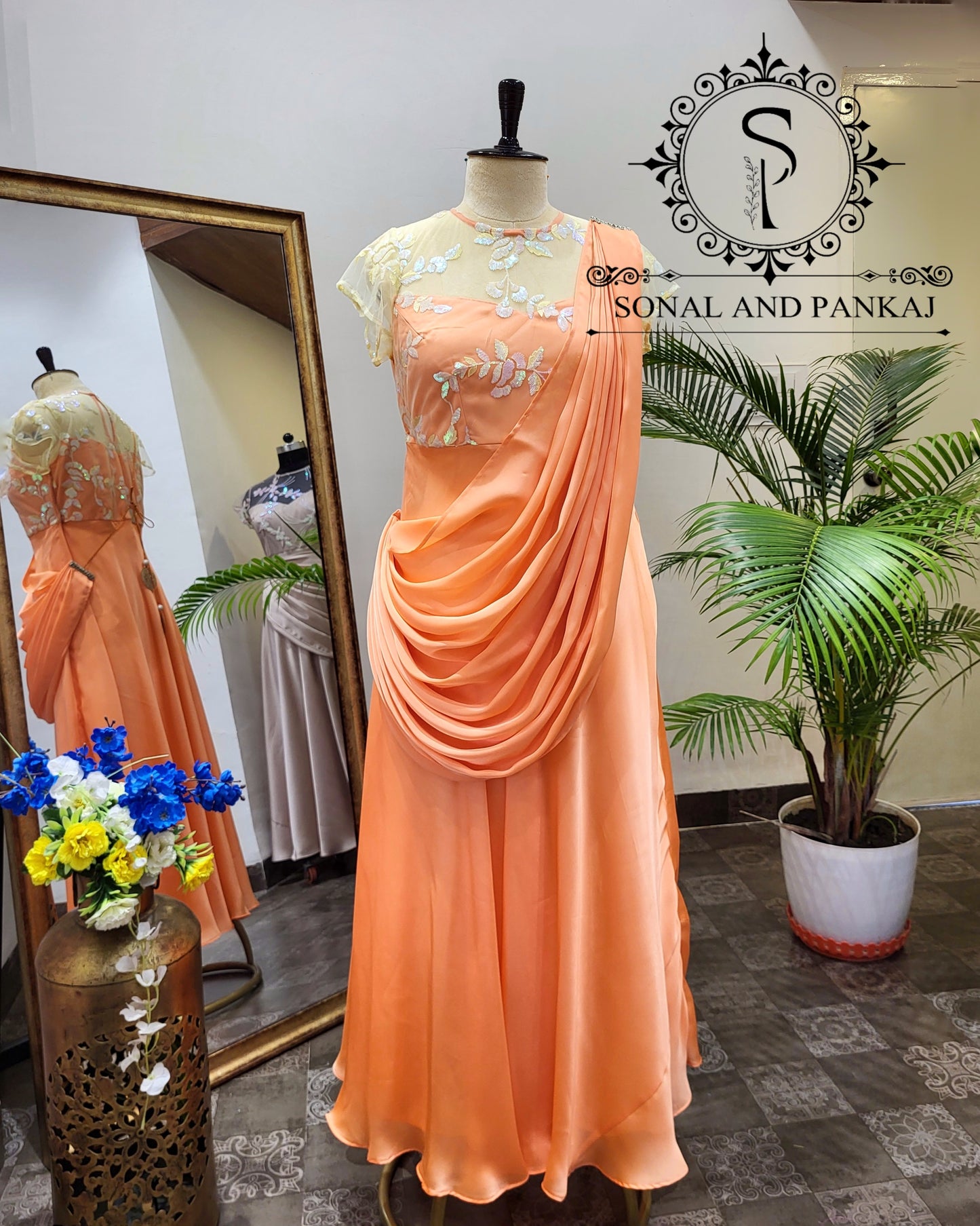 Peach Floor Length Dress With Detachable Cowl Drape - FL01392