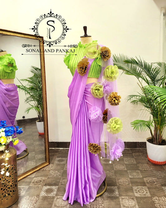 Parrot Green Pleated Blouse With Lavender Ready To Drape Saree - SAMPLE01398