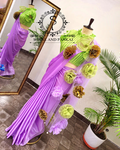 Parrot Green Pleated Blouse With Lavender Ready To Drape Saree - SA01398