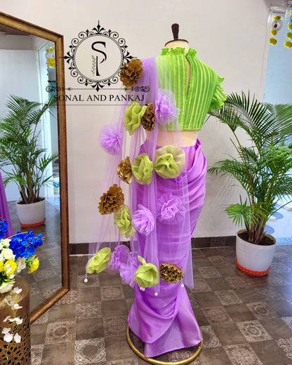 Parrot Green Pleated Blouse With Lavender Ready To Drape Saree - SA01398