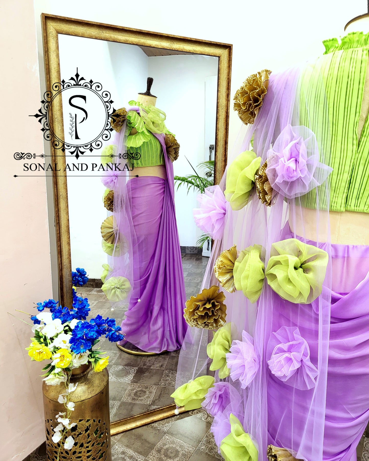 Parrot Green Pleated Blouse With Lavender Ready To Drape Saree - SA01398