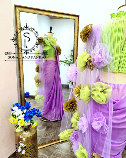 Parrot Green Pleated Blouse With Lavender Ready To Drape Saree - SA01398