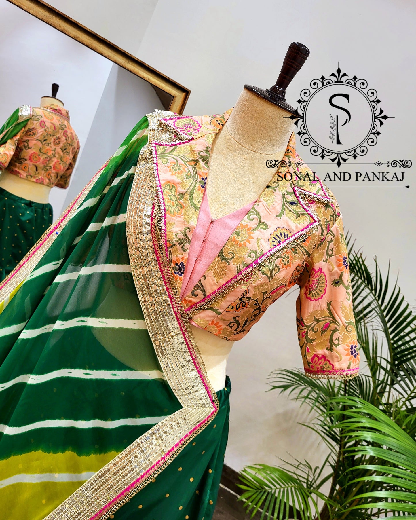 Coat Collar Style Blouse With Leheriya Duppatta & Designer Lehenga - LH01403 (Green)