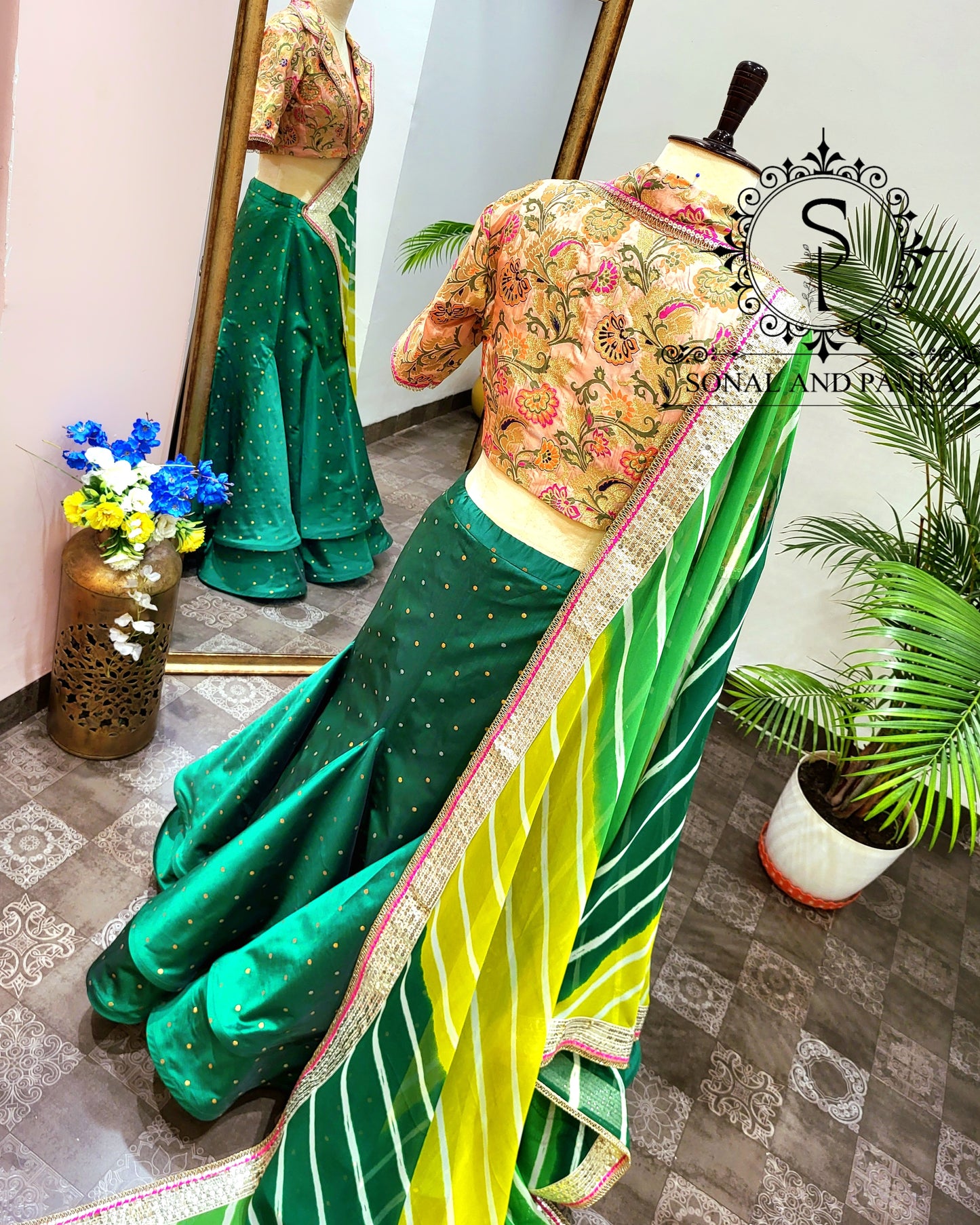 Coat Collar Style Blouse With Leheriya Duppatta & Designer Lehenga - LH01403 (Green)