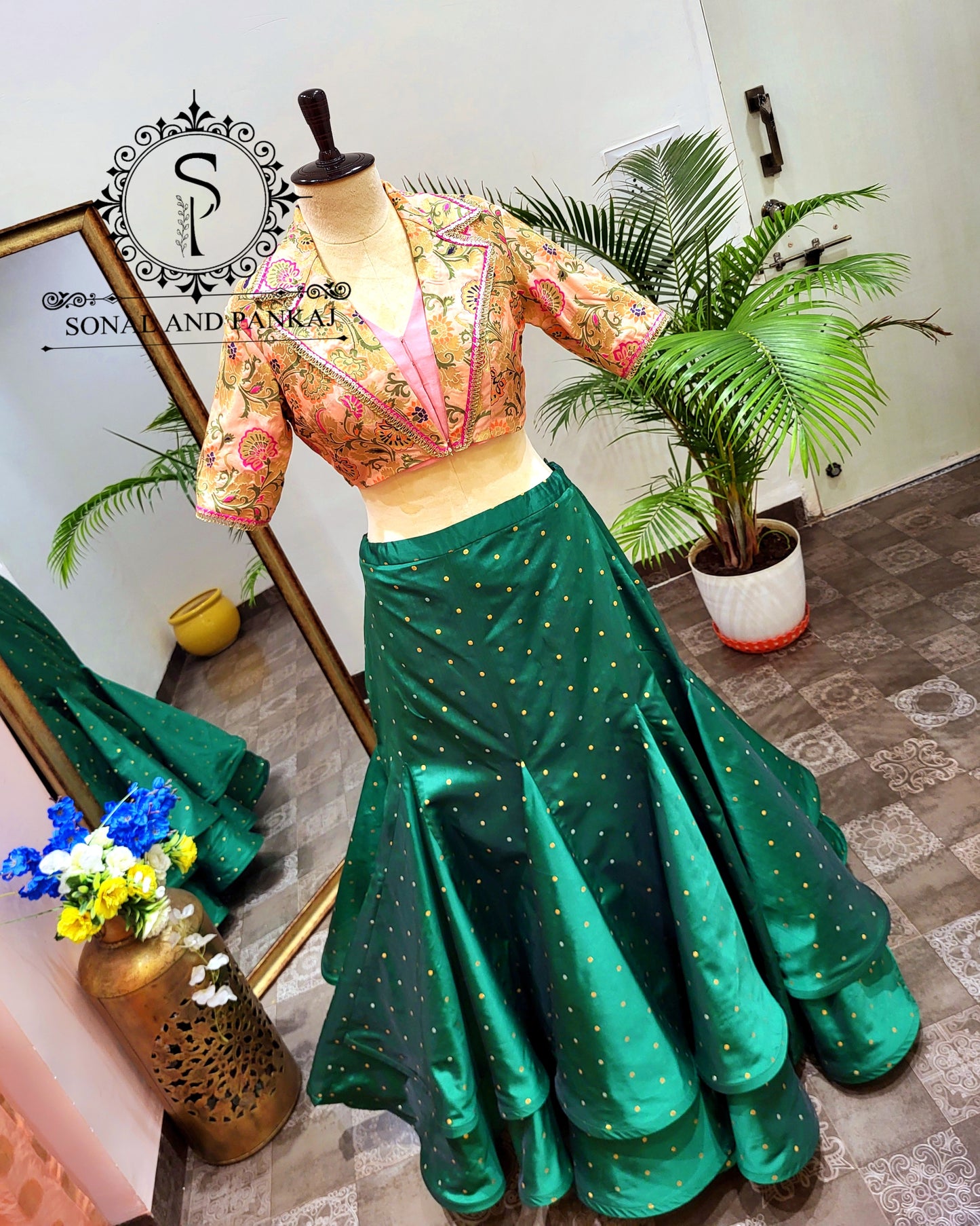 Coat Collar Style Blouse With Leheriya Duppatta & Designer Lehenga - LH01403 (Green)