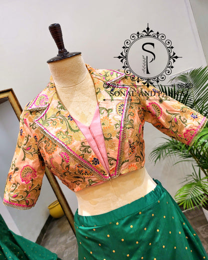 Coat Collar Style Blouse With Leheriya Duppatta & Designer Lehenga - LH01403 (Green)