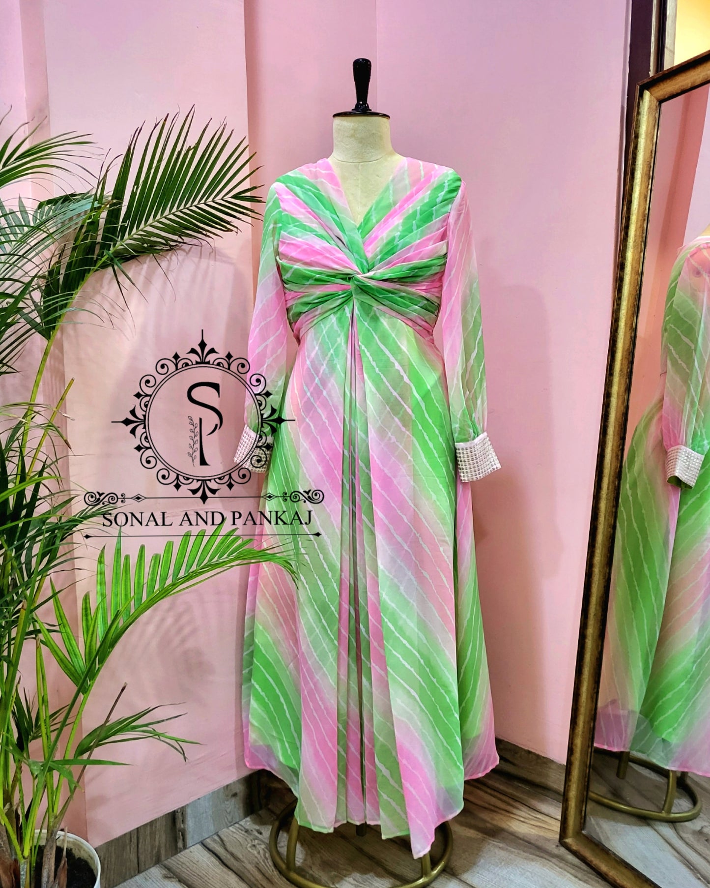 Shaded Baby Pink & Green Leheriya Knot Floor Length Dress - FL01401