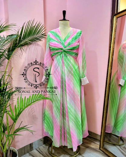 Shaded Baby Pink & Green Leheriya Knot Floor Length Dress - FL01401