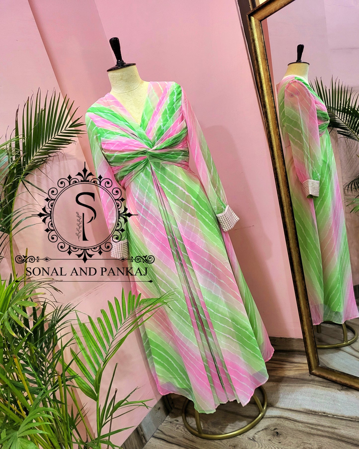 Shaded Baby Pink & Green Leheriya Knot Floor Length Dress - FL01401