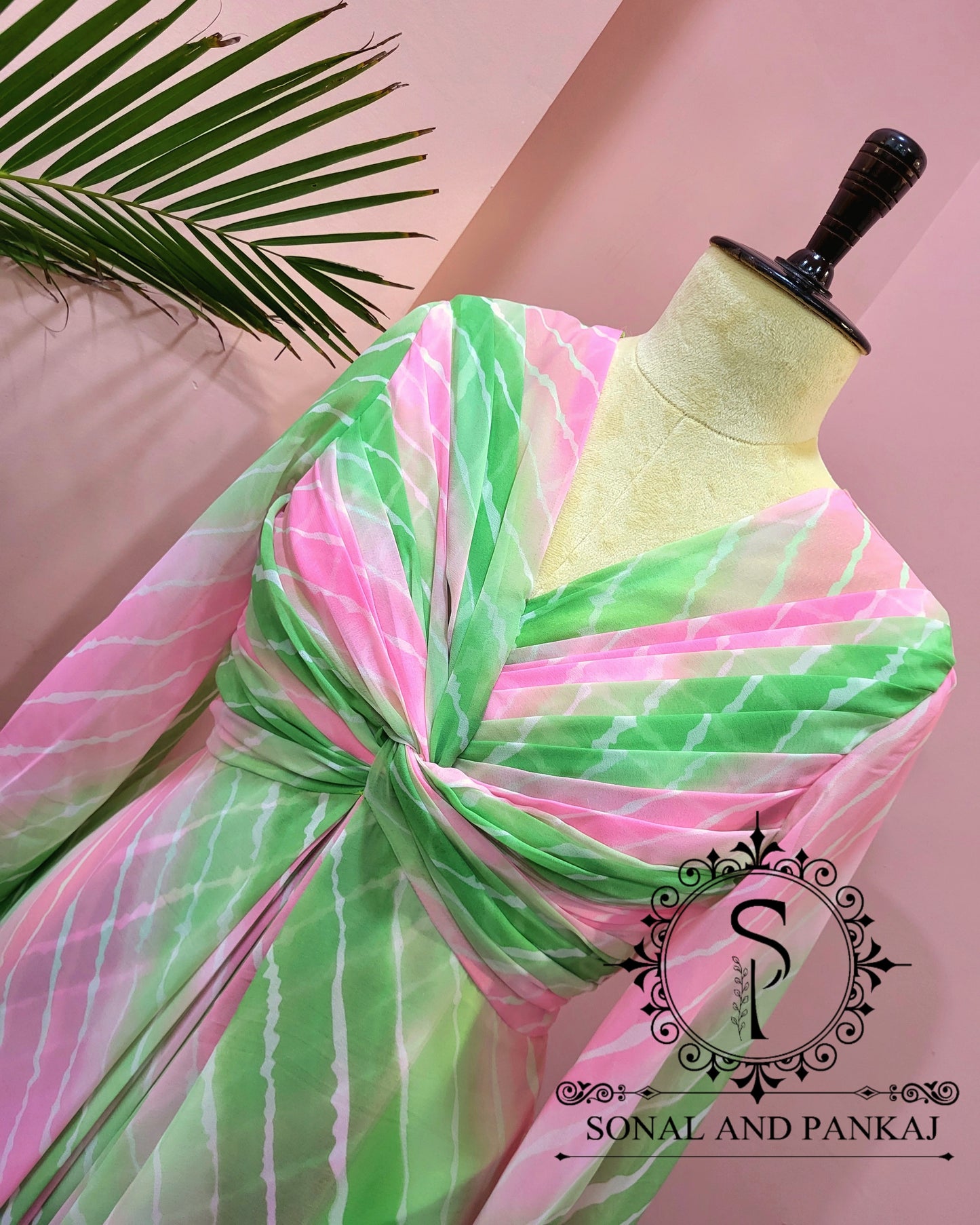 Shaded Baby Pink & Green Leheriya Knot Floor Length Dress - FL01401