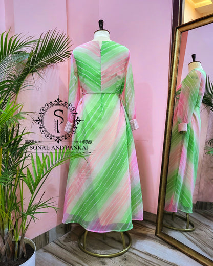 Shaded Baby Pink & Green Leheriya Knot Floor Length Dress - FL01401