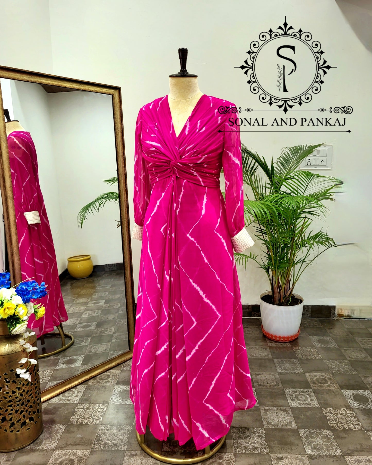 Hot Pink Leheriya Knot Floor Length Dress  - FL01400