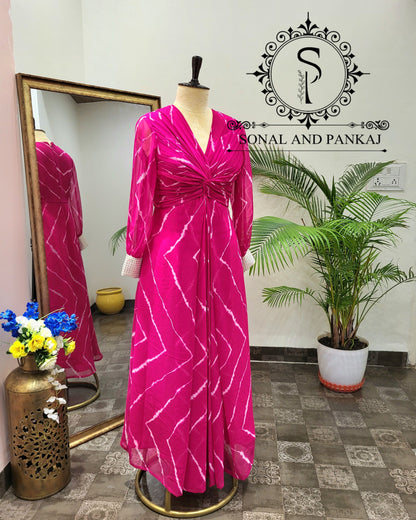 Hot Pink Leheriya Knot Floor Length Dress  - FL01400