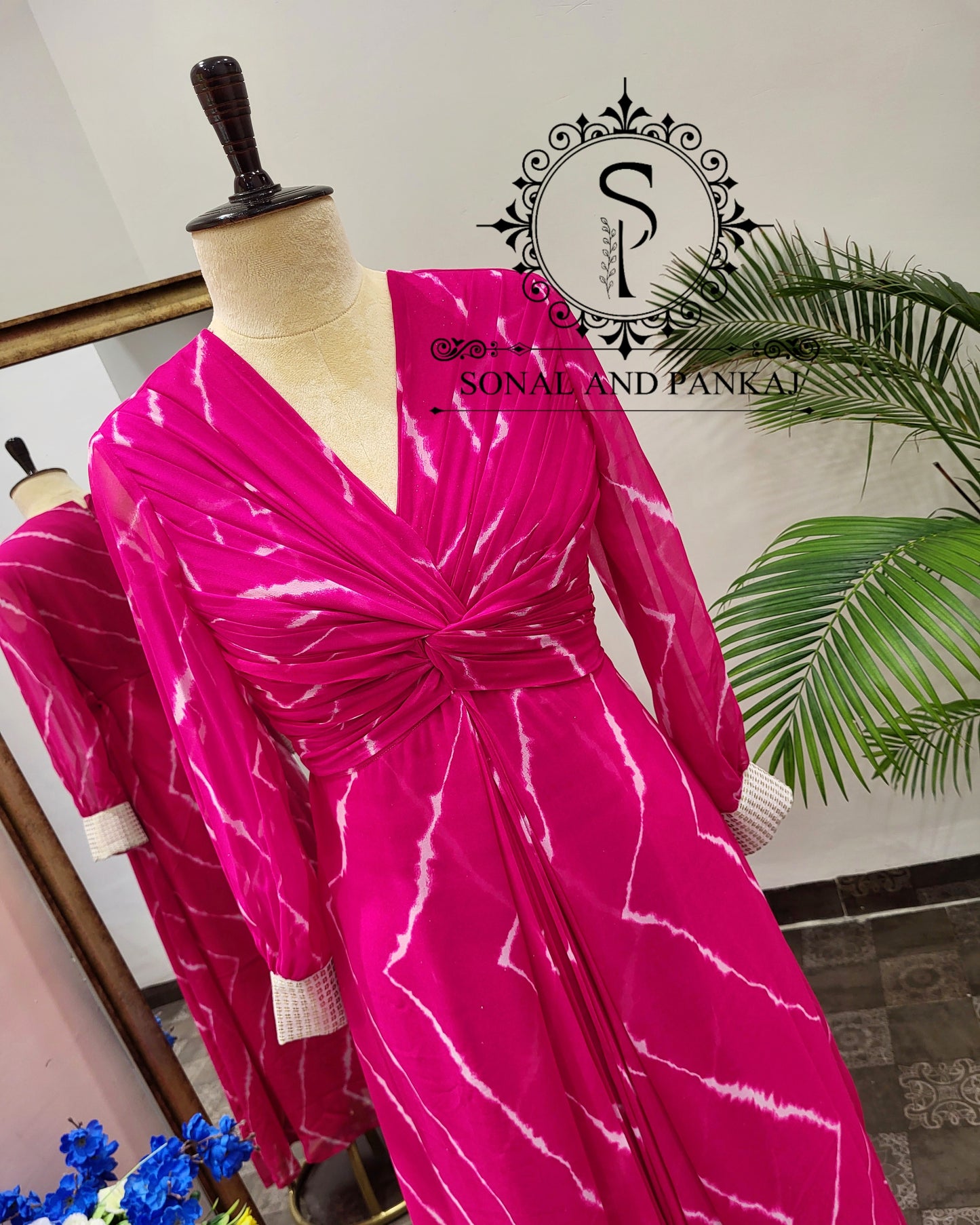 Hot Pink Leheriya Knot Floor Length Dress  - FL01400