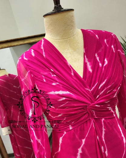 Hot Pink Leheriya Knot Floor Length Dress  - FL01400