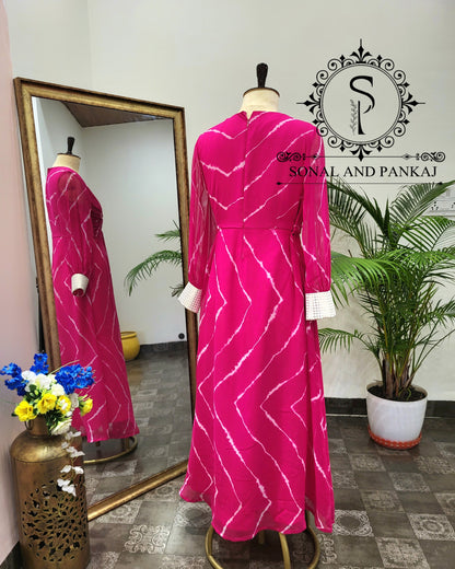 Hot Pink Leheriya Knot Floor Length Dress  - FL01400