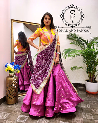 Coat Collar Style Blouse With Leheriya Duppatta & Designer Lehenga - LH01404 (Wine)