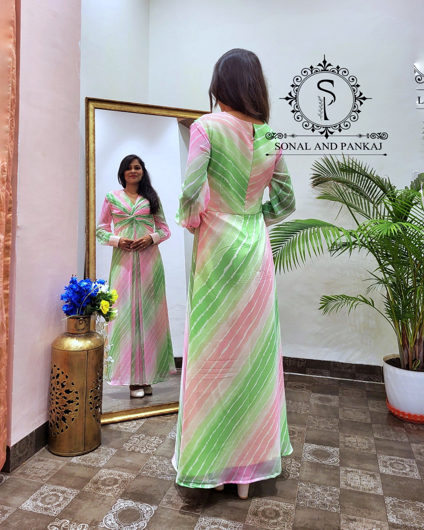 Shaded Baby Pink & Green Leheriya Knot Floor Length Dress - FL01401