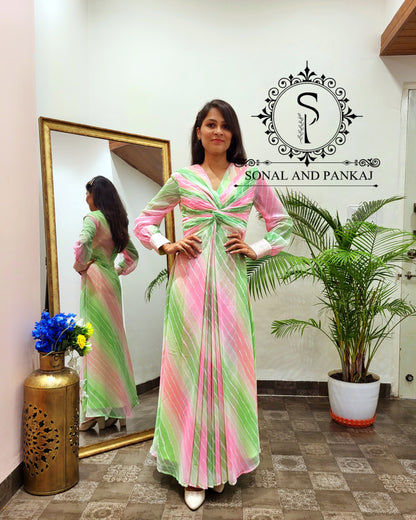 Shaded Baby Pink & Green Leheriya Knot Floor Length Dress - FL01401