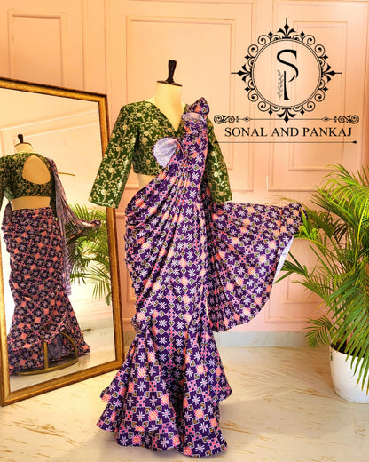 Beautiful Olive Green Blouse With Ready To Drape Purple Patola Saree - SA01417