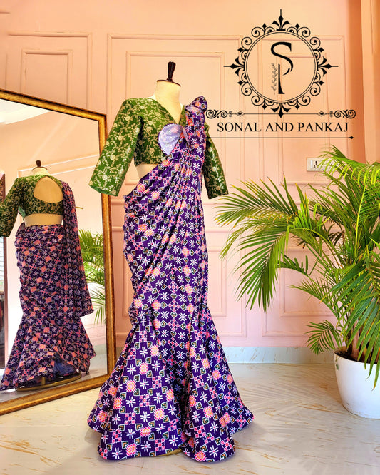 Beautiful Olive Green Blouse With Ready To Drape Purple Patola Saree - SA01417