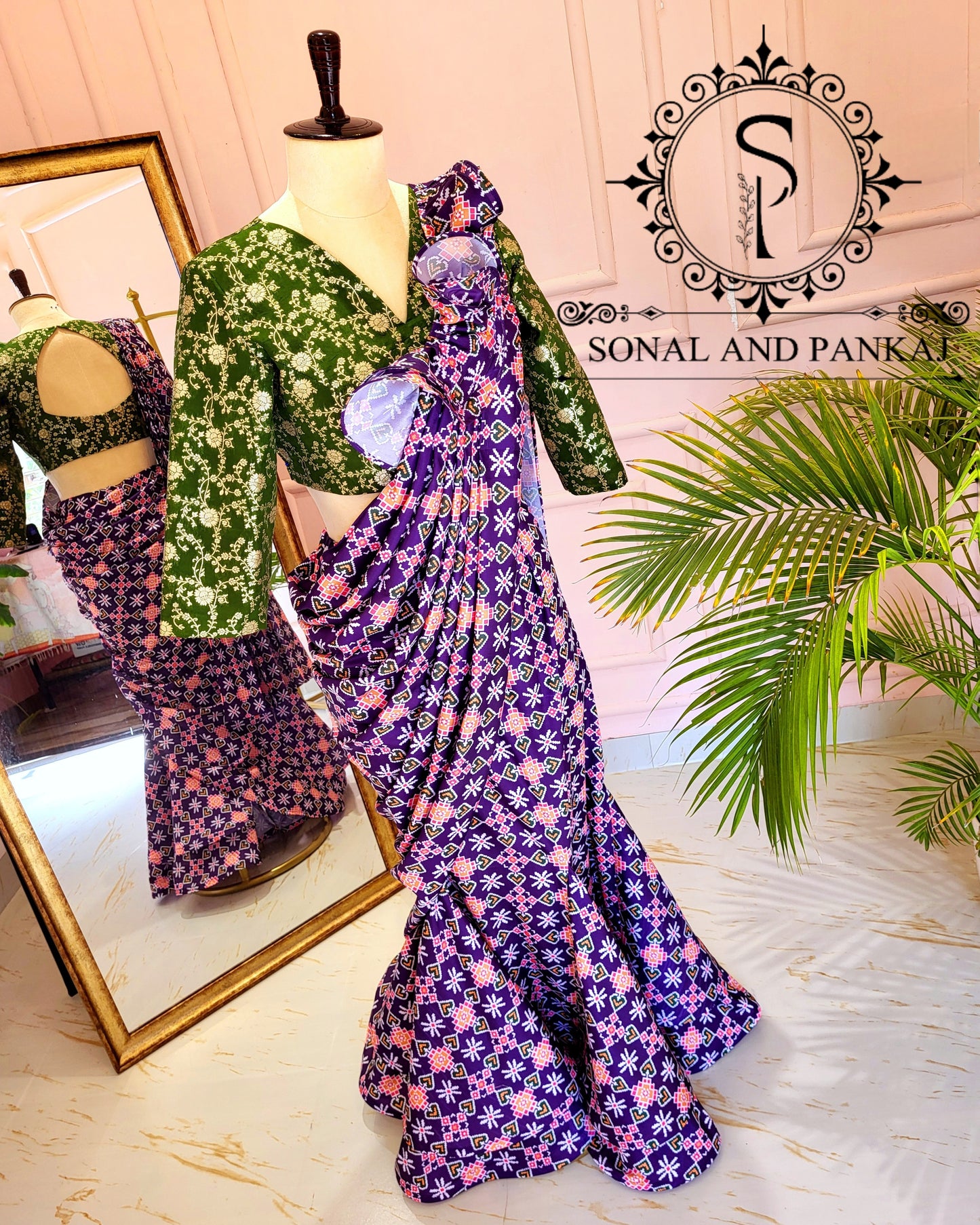 Beautiful Olive Green Blouse With Ready To Drape Purple Patola Saree - SA01417